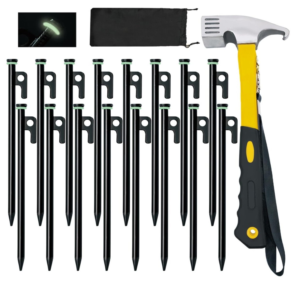 16 Pack Tent Stakes with Hammer, 8in Heavy Duty Tent Stakes + 10in Camping Hammer+Storage Pouch, Forged Steel Stake for Camping Used on Rocks(16Pcs 8in Tent Stake and Hammer)