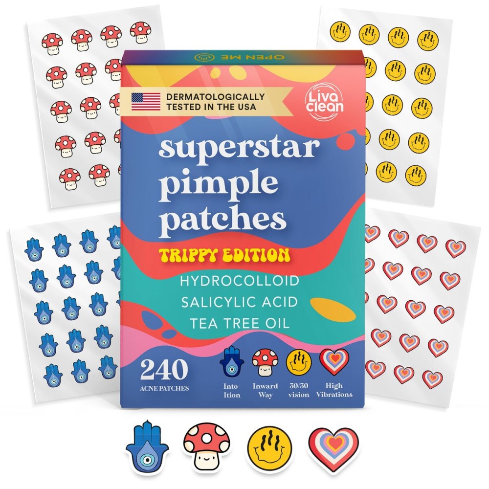 LivaClean 240 CT Superstar Cute Pimple Patches Trippy Edition w/Salicylic Acid & Tea Tree Oil - Pimple Patches Cute, Acne Patch for Face, Hydrocolloid Acne Patch