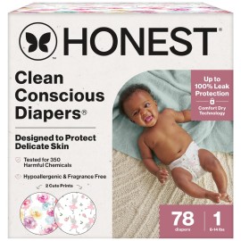 The Honest Company Clean Conscious Diapers for Delicate Skin Up to 100% Leakproof Hypoallergenic Fragrance-Free Baby Girl Prints Club Box Size 1 (8-14 lbs) 78 Count (Prints May