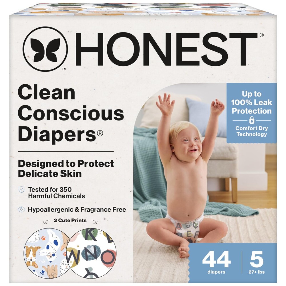 The Honest Company Clean Conscious Diapers for Delicate Skin Up to 100% Leakproof Hypoallergenic Fragrance Free Gender Neutral Club Box Size 5 (27 lbs) 44 Count (Prints May Vary)