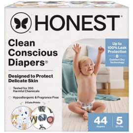 The Honest Company Clean Conscious Diapers for Delicate Skin Up to 100% Leakproof Hypoallergenic Fragrance Free Gender Neutral Club Box Size 5 (27 lbs) 44 Count (Prints May Vary)