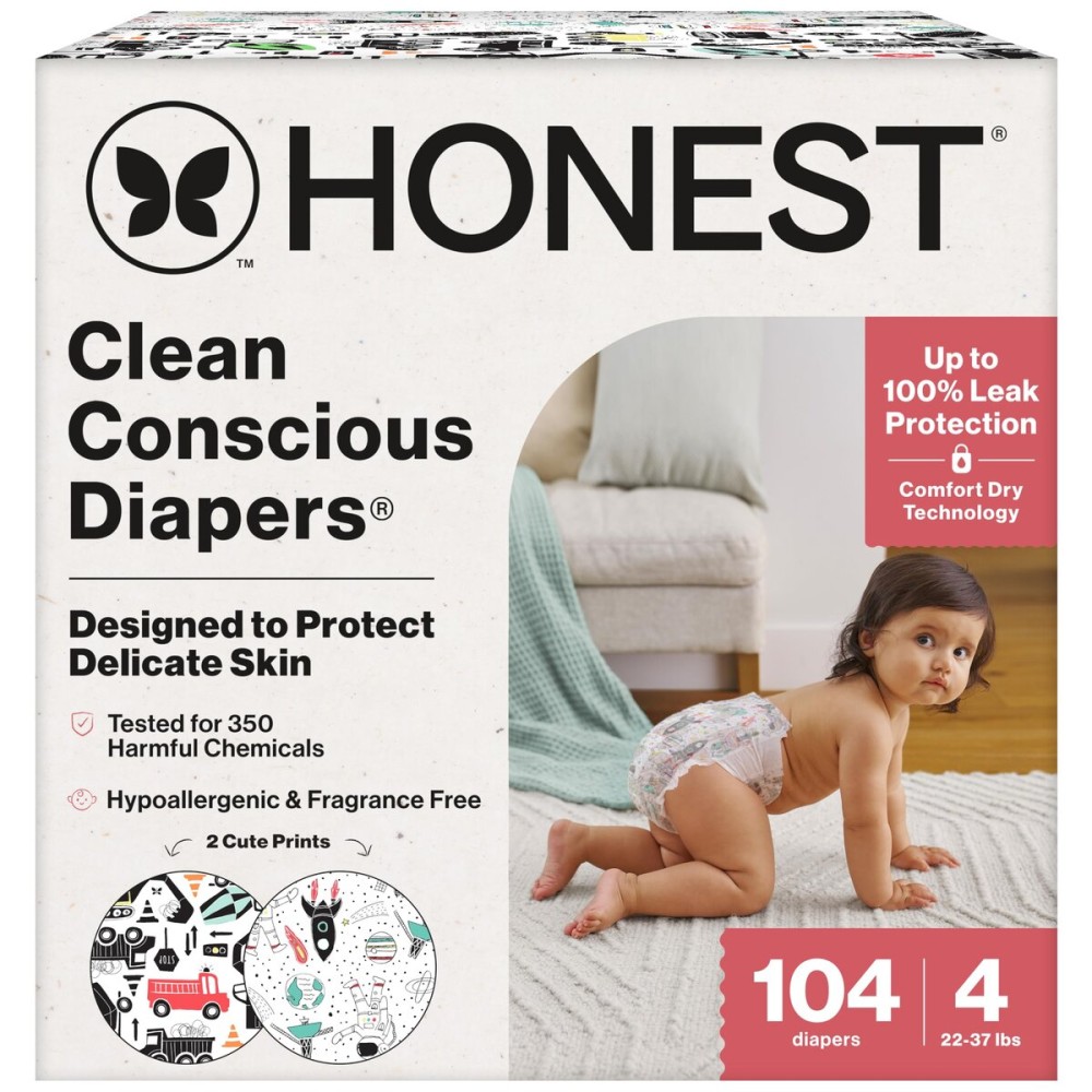 The Honest Company Clean Conscious Diapers for Delicate Skin Up to 100% Leakproof Hypoallergenic Fragrance-Free Baby Gender Neutral Prints Super Club Box Size 4 (22-37 lbs) 104