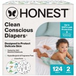 The Honest Company Clean Conscious Diapers for Sensitive Skin Up to 100% Leakproof Hypoallergenic Fragrance-Free Baby Gender Neutral Prints Super Club Box Size 2 (12-18 lbs) 124