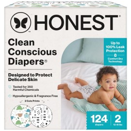 The Honest Company Clean Conscious Diapers for Sensitive Skin Up to 100% Leakproof Hypoallergenic Fragrance-Free Baby Gender Neutral Prints Super Club Box Size 2 (12-18 lbs) 124
