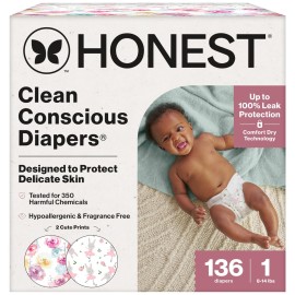 The Honest Company Clean Conscious Diapers for Sensitive Skin Up to 100% Leakproof Hypoallergenic Fragrance-Free Baby Girl Prints Super Club Box Size 1 (8-14 lbs) 136 Count