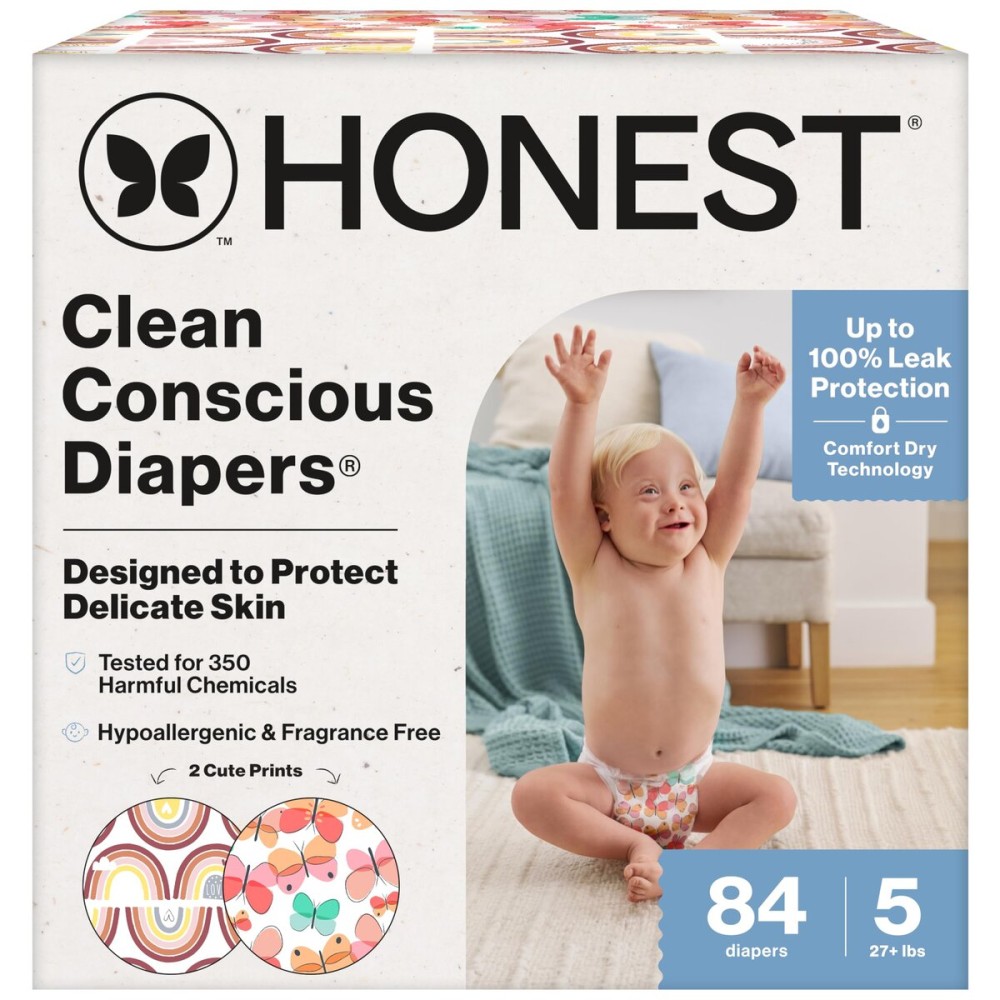 The Honest Company Clean Conscious Diapers for Sensitive Skin Up to 100% Leakproof Hypoallergenic Fragrance-Free Baby Girl Prints Super Club Box Size 5 (27 lbs) 84 Count (Prints
