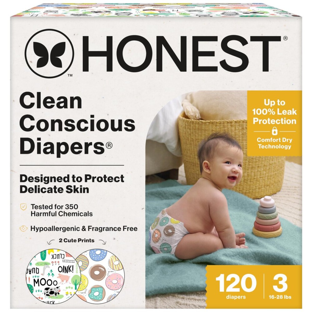 The Honest Company Clean Conscious Diapers for Sensitive Skin, Up to 100% Leakproof Hypoallergenic Fragrance-Free Baby Diapers, Gender Neutral Prints, Super Club Box, Size 3 (16-28 lbs), 120 Count