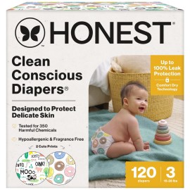 The Honest Company Clean Conscious Diapers for Sensitive Skin, Up to 100% Leakproof Hypoallergenic Fragrance-Free Baby Diapers, Gender Neutral Prints, Super Club Box, Size 3 (16-28 lbs), 120 Count