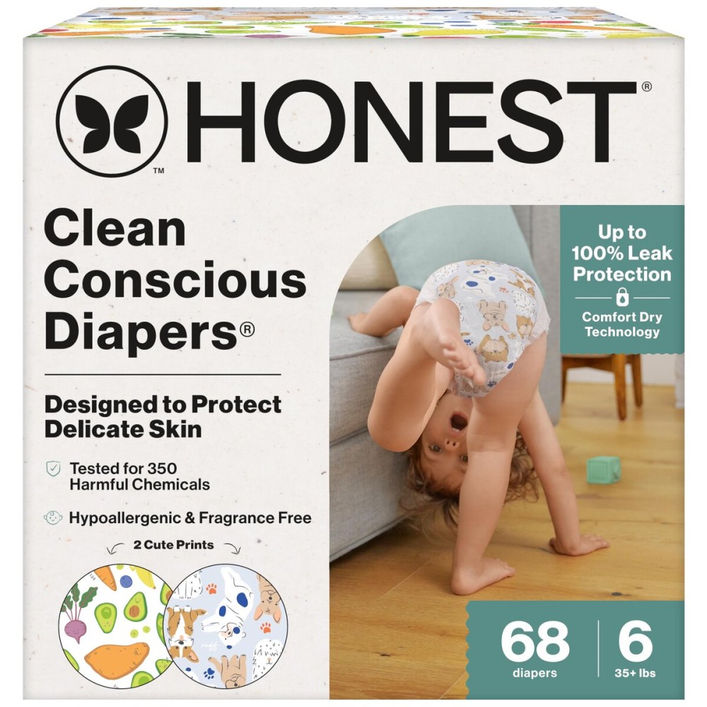 The Honest Company Clean Conscious Diapers for Delicate Skin | Up to 100% Leakproof | Hypoallergenic, Fragrance Free | Gender Neutral | Super Club Box, Size 6 (35+ lbs), 68 Count (Prints May Vary)