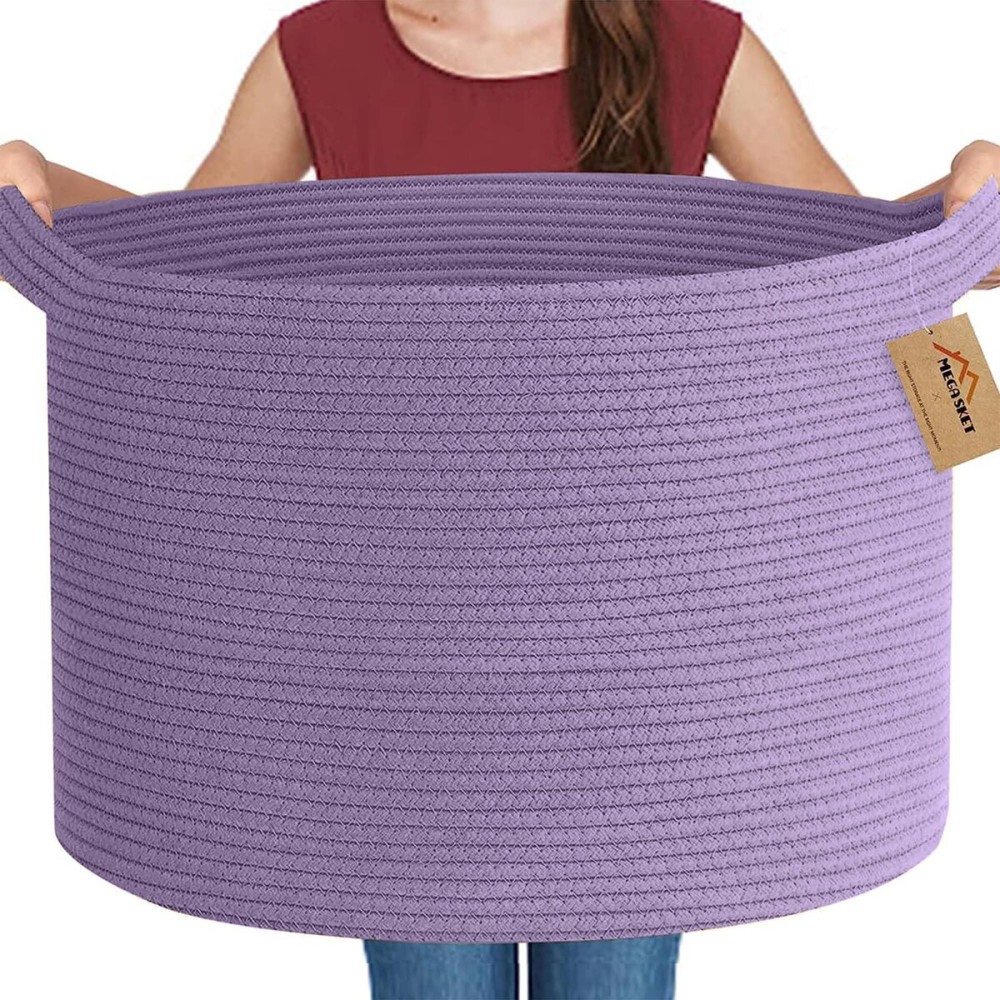 MEGASKET Purple Rope Storage Basket, 22 X 14 Large Woven Baskets, Jumbo Floor Bin for Throw Blankets Pillows, Baby Laundry Basket, Dirty Clothes Organizer, Big Storage Bin for Toys, Towels