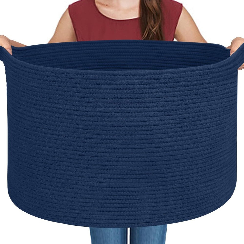 MEGASKET Dark Blue Basket for Organizing, 22 x 14 Extra Large Woven Cotton Rope Laundry Basket, Blanket Storage for Living Room Bedroom, Big Nursery Kids Toy Box Organizer, Pool Towel Storage Bin