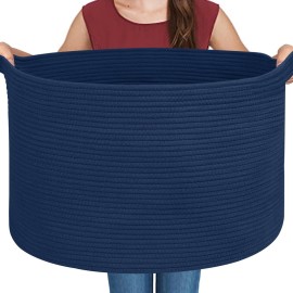 MEGASKET Dark Blue Basket for Organizing, 22 x 14 Extra Large Woven Cotton Rope Laundry Basket, Blanket Storage for Living Room Bedroom, Big Nursery Kids Toy Box Organizer, Pool Towel Storage Bin