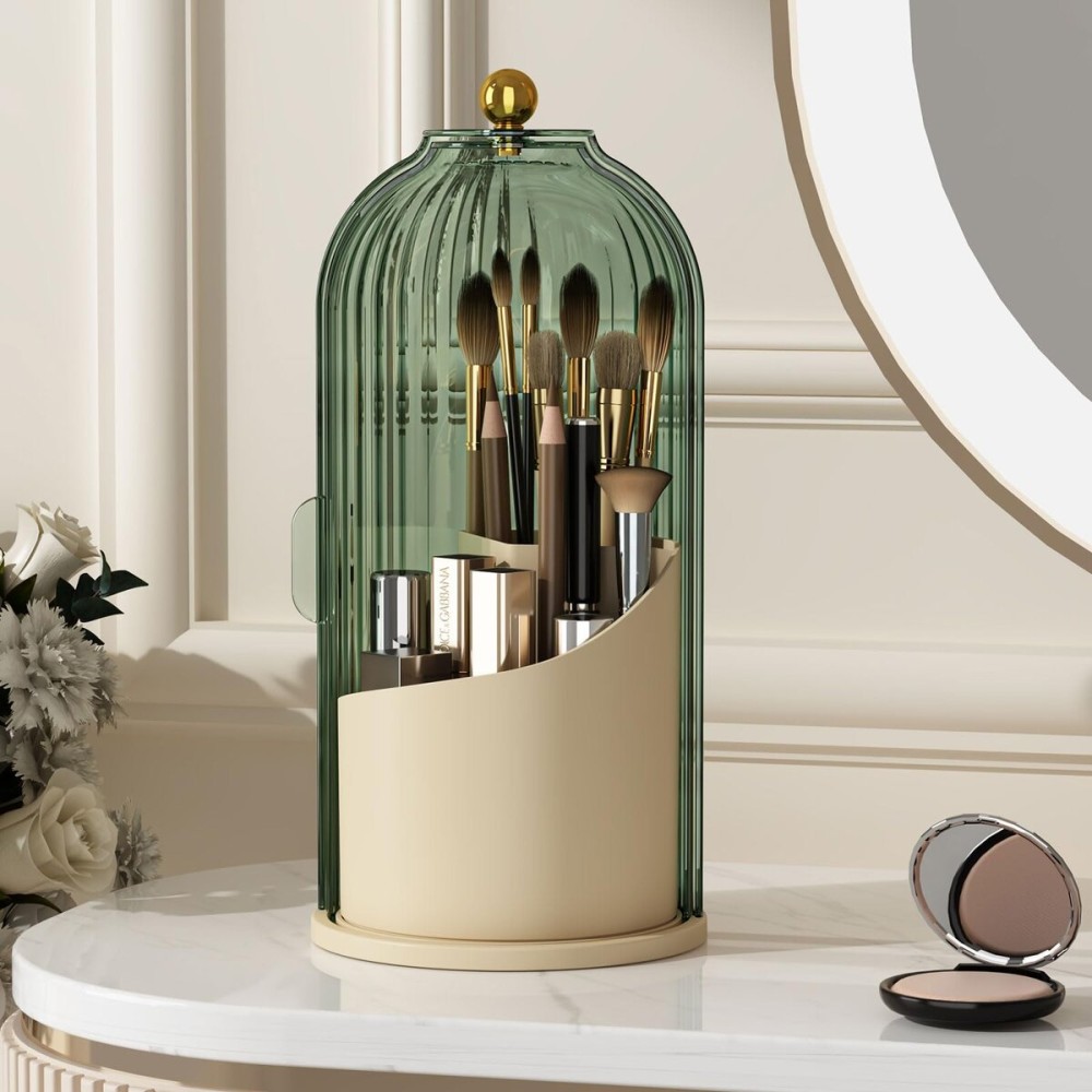 YOOLENS Makeup Brush Holder with Lid 360 Rotating Clear Dustproof Make Up Organizers for Vanity Bathroom Countertop, Green Beige