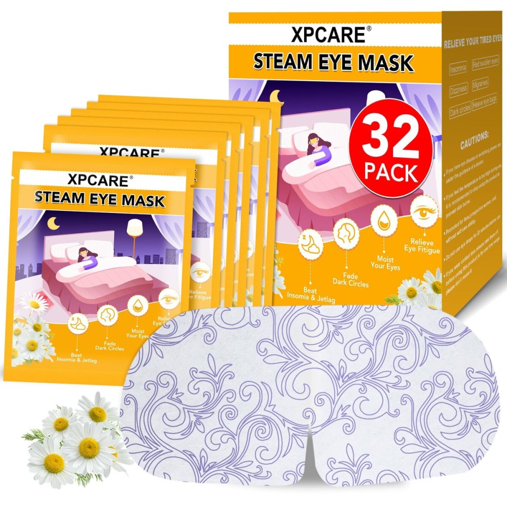 XPCARE 32 Pack Steam Eye Masks for Dry Eyes, SPA Warm Sleep Eye Mask, Disposable Heated Eye Mask for Dark Circles, Puffy Eyes, Relief Stress Eye Fatigue(Chamomile)