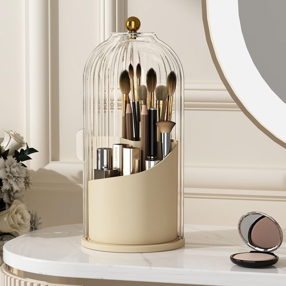 YOOLENS Makeup Brush Holder with Lid 360 Rotating Clear Dustproof Make Up Organizers for Vanity Bathroom Countertop, White Beige