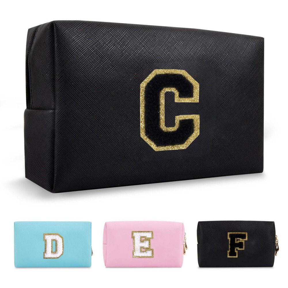 Personalized Initial A-Z Preppy Patch Makeup Bag,Small PU Chenille Letter Cosmetic Bag with Zipper for Teen Girls,Black Cute Toiletry Organizer Bag,Monogram Makeup Case Gift for Women Girls,Letter C