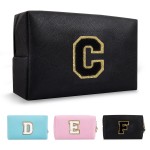 Personalized Initial A-Z Preppy Patch Makeup Bag,Small PU Chenille Letter Cosmetic Bag with Zipper for Teen Girls,Black Cute Toiletry Organizer Bag,Monogram Makeup Case Gift for Women Girls,Letter C