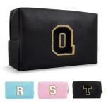 Personalized Initial A-Z Preppy Patch Makeup Bag,Small PU Chenille Letter Cosmetic Bag with Zipper for Teen Girls,Black Cute Toiletry Organizer Bag,Monogram Makeup Case Gift for Women Girls,Letter Q