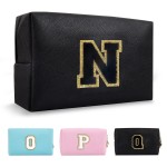 Personalized Initial A-Z Preppy Patch Makeup Bag,Small PU Chenille Letter Cosmetic Bag with Zipper for Teen Girls,Black Cute Toiletry Organizer Bag,Monogram Makeup Case Gift for Women Girls,Letter N