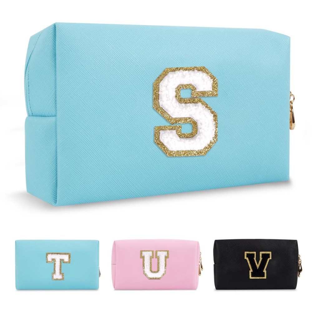 Small Personalized Initial A-Z Preppy Patch Makeup Bag,PU Chenille Letter Travel Cosmetic Pouch with Zipper,Blue Cute Toiletry Bag,Gift Ideal for Teen Girls Women Teacher Bridesmaid,Letter S