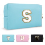 Small Personalized Initial A-Z Preppy Patch Makeup Bag,PU Chenille Letter Travel Cosmetic Pouch with Zipper,Blue Cute Toiletry Bag,Gift Ideal for Teen Girls Women Teacher Bridesmaid,Letter S