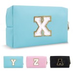 Small Personalized Initial A-Z Preppy Patch Makeup Bag,PU Chenille Letter Travel Cosmetic Pouch with Zipper,Blue Cute Toiletry Bag,Gift Ideal for Teen Girls Women Teacher Bridesmaid,Letter X