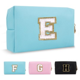 Small Personalized Initial A-Z Preppy Patch Makeup Bag,PU Chenille Letter Travel Cosmetic Pouch with Zipper,Blue Cute Toiletry Bag,Gift Ideal for Teen Girls Women Teacher Bridesmaid,Letter E