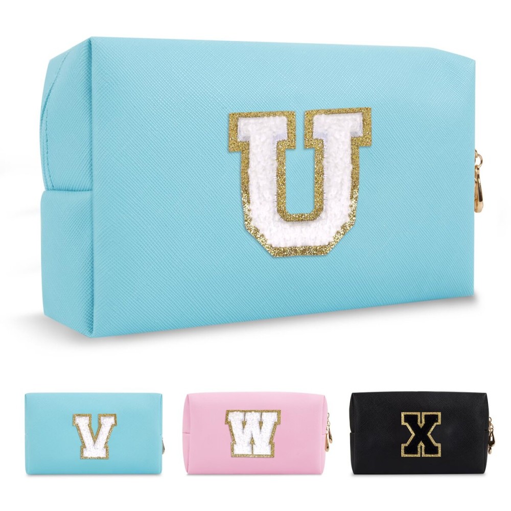 Small Personalized Initial A-Z Preppy Patch Makeup Bag,PU Chenille Letter Travel Cosmetic Pouch with Zipper,Blue Cute Toiletry Bag,Gift Ideal for Teen Girls Women Teacher Bridesmaid,Letter U
