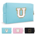 Small Personalized Initial A-Z Preppy Patch Makeup Bag,PU Chenille Letter Travel Cosmetic Pouch with Zipper,Blue Cute Toiletry Bag,Gift Ideal for Teen Girls Women Teacher Bridesmaid,Letter U
