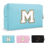 Small Personalized Initial A-Z Preppy Patch Makeup Bag,PU Chenille Letter Travel Cosmetic Pouch with Zipper,Blue Cute Toiletry Bag,Gift Ideal for Teen Girls Women Teacher Bridesmaid,Letter M