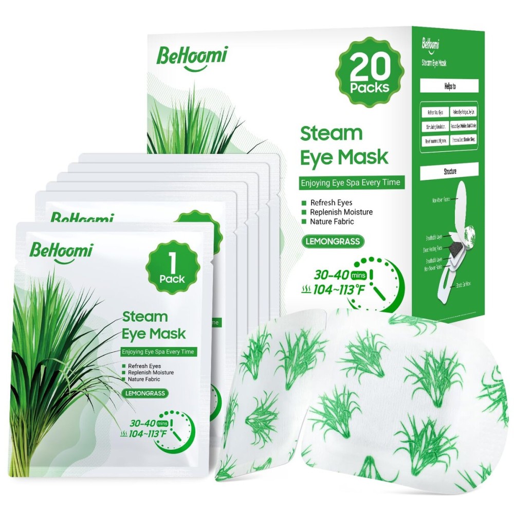 BeHoomi 20 Packs Steam Eye Mask, Heated Eye Mask Warm Compress for Eyes, Disposable Self Heating Steam Mask Sleep, Spa, Travel Essentials & Relaxation Gifts for Women, Stocking Stuffers (Lemongrass)