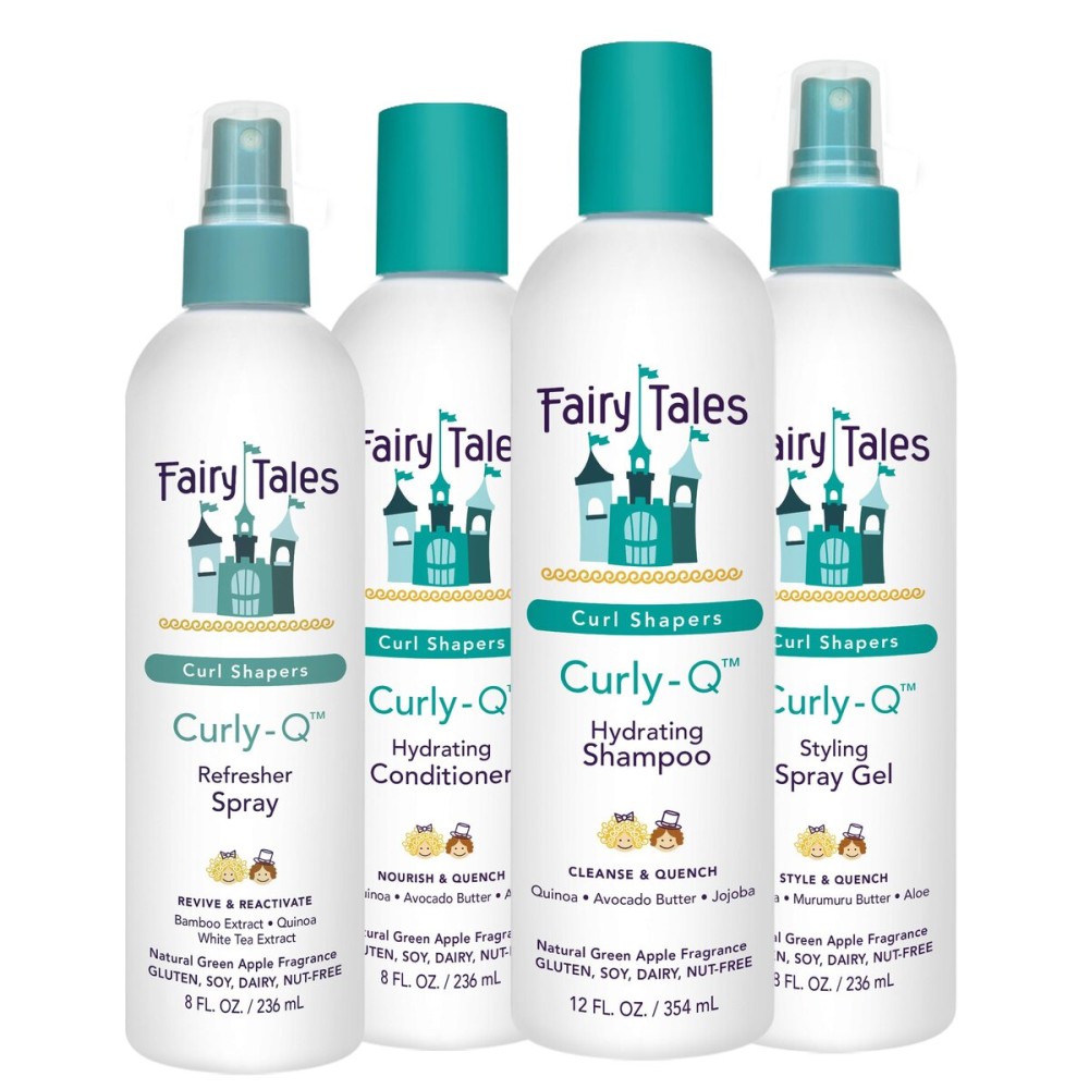 Fairy Tales Curly Q Hydrating Kids Shampoo 12oz, Conditioner 8oz, Styling Spray Gel 8oz & Refresher Spray 8oz - Paraben, Sulfate, Gluten & Nut Free - All Curl Types Incl. Multi Cultural Hair (4 Pk)