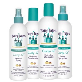 Fairy Tales Curly Q Hydrating Kids Shampoo 12oz, Conditioner 8oz, Styling Spray Gel 8oz & Refresher Spray 8oz - Paraben, Sulfate, Gluten & Nut Free - All Curl Types Incl. Multi Cultural Hair (4 Pk)