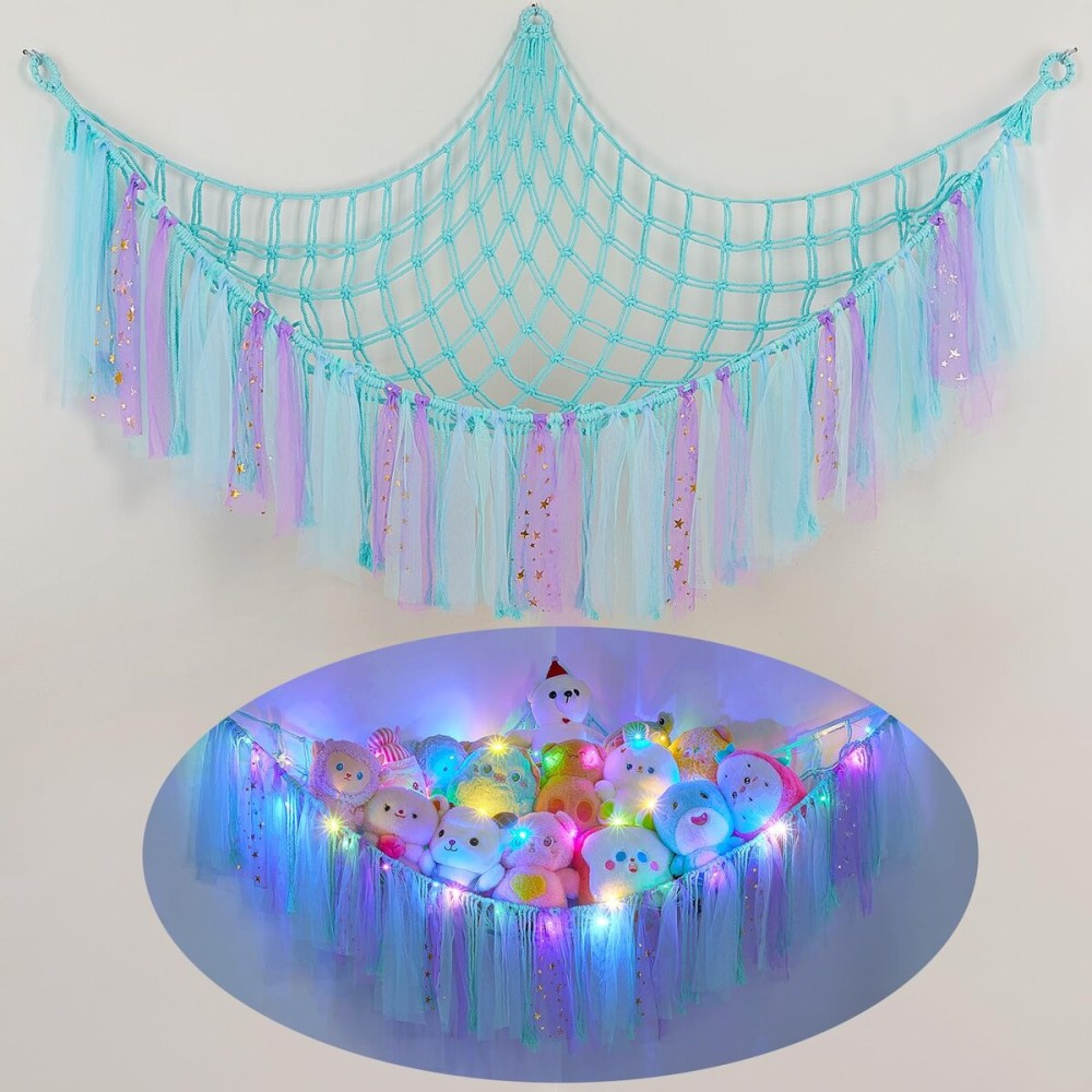 FIOBEE Stuffed Animals Net or Hammock with LED Light, Toy Hammock Hanging Stuffed Animals Storage Organizer Holder Room Dcor for Nursery Kids Bedroom