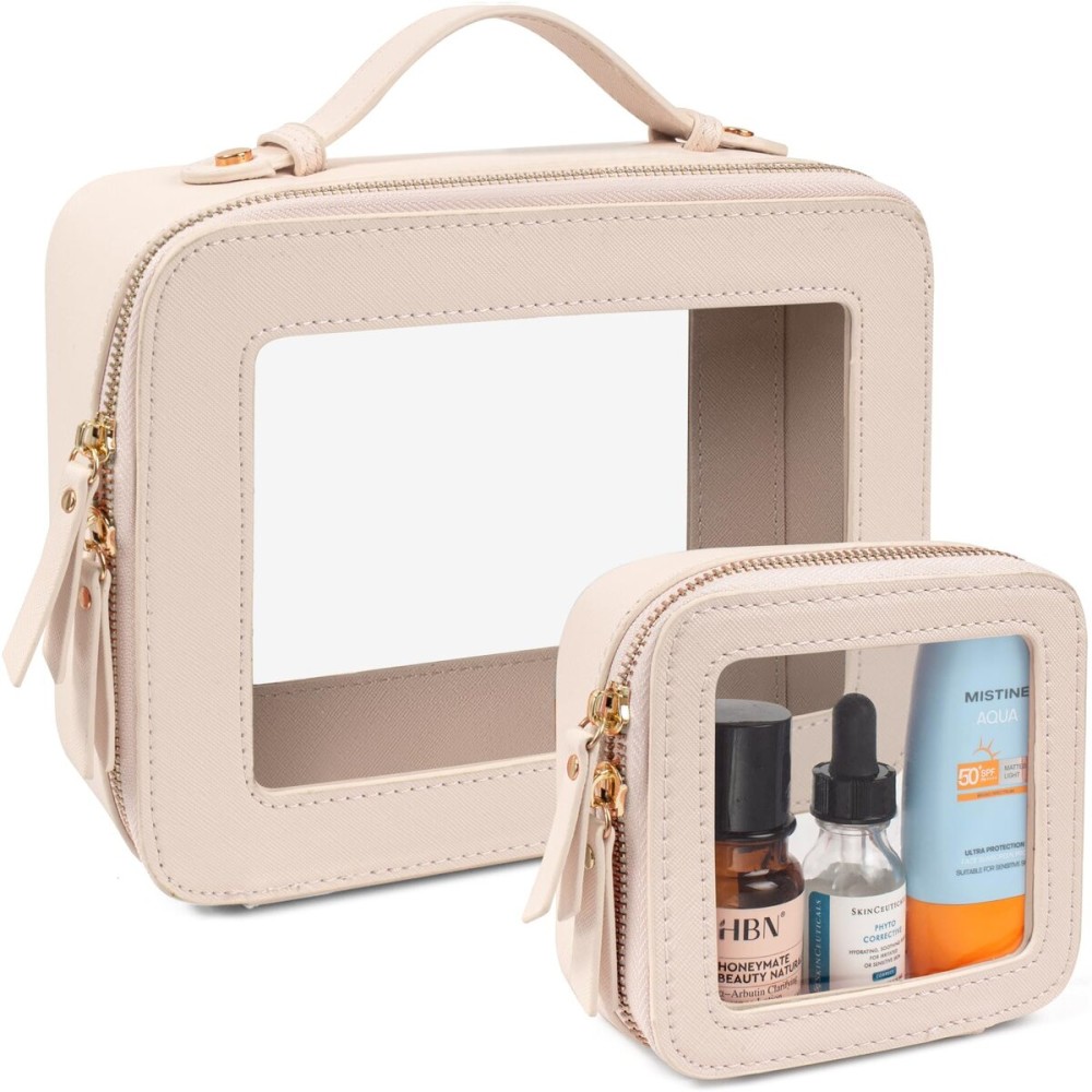 LETGO Clear Makeup Bags Set - TSA Approved Toiletry Bag with Handle Large Opening, Clear Toiletry Bags Case Pouch for Traveling Travel Car Orangizer Storage Essentials(Mini+Large Beige)