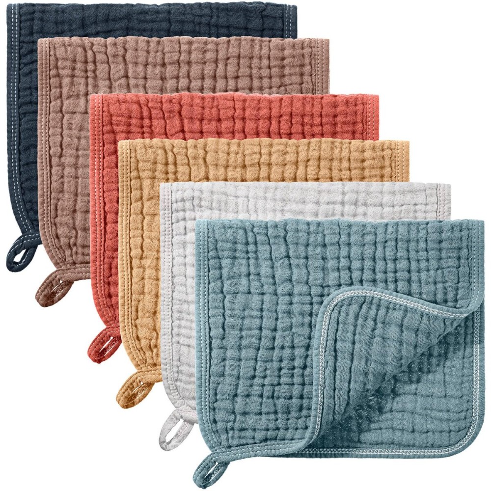 Hicarer 6 Count Muslin Burp Cloths Cotton Baby Burping Rags Large 20 x 10 Inch 6 Layers Spit up Rags Soft Absorbent Multicolor Wash Cloths Diapers for Newborn Baby Girl Boy(Retro Colors Series)