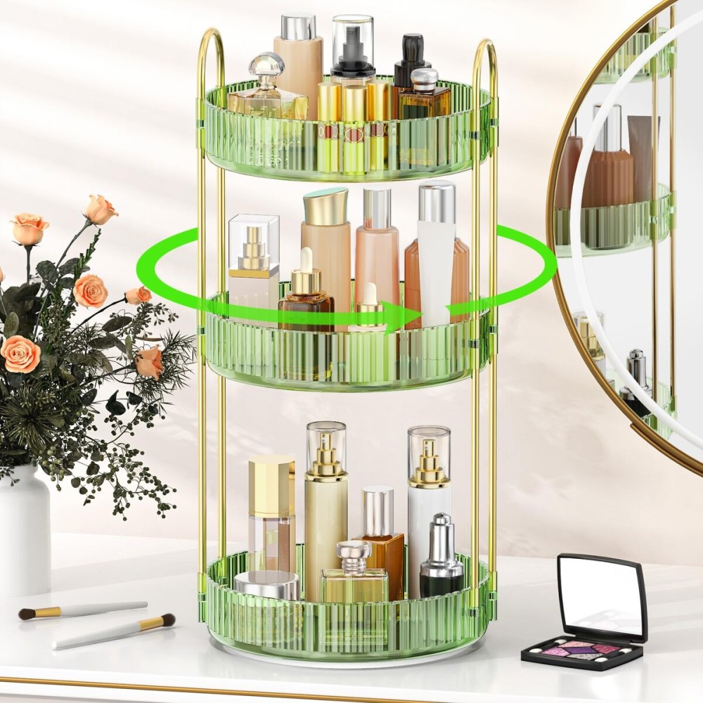 MOKANI 360 Rotating Makeup Organizer for Vanity, 3 Tier Adjustable Perfume Organizer for Dresser, Multi-Function Spinning Cosmetics Skincare Storage for Bedroom, Dresser, Countertop, Green