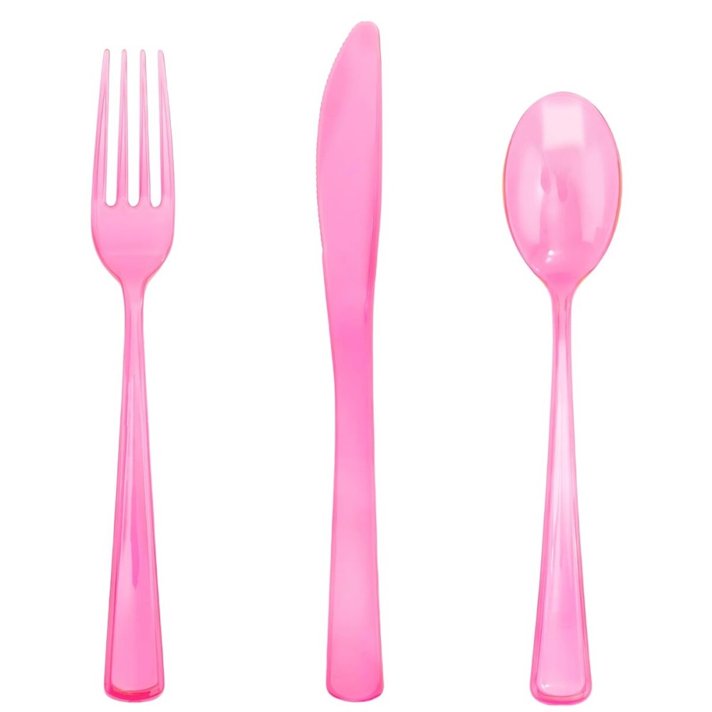 WDF 180 Pieces Pink Plastic Silverware Disposable - Clear Pink Cutlery Sets 60 Forks, 60 Knives and 60 Spoons - Heavy Duty Disposable Utensils for Wedding, Party