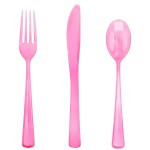 WDF 180 Pieces Pink Plastic Silverware Disposable - Clear Pink Cutlery Sets 60 Forks, 60 Knives and 60 Spoons - Heavy Duty Disposable Utensils for Wedding, Party