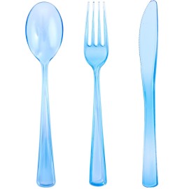 WDF 180 Pieces Blue Plastic Silverware Disposable - Clear Blue Cutlery Sets 60 Forks, 60 Knives and 60 Spoons - Heavy Duty Utensils for Party, Wedding, Graduation