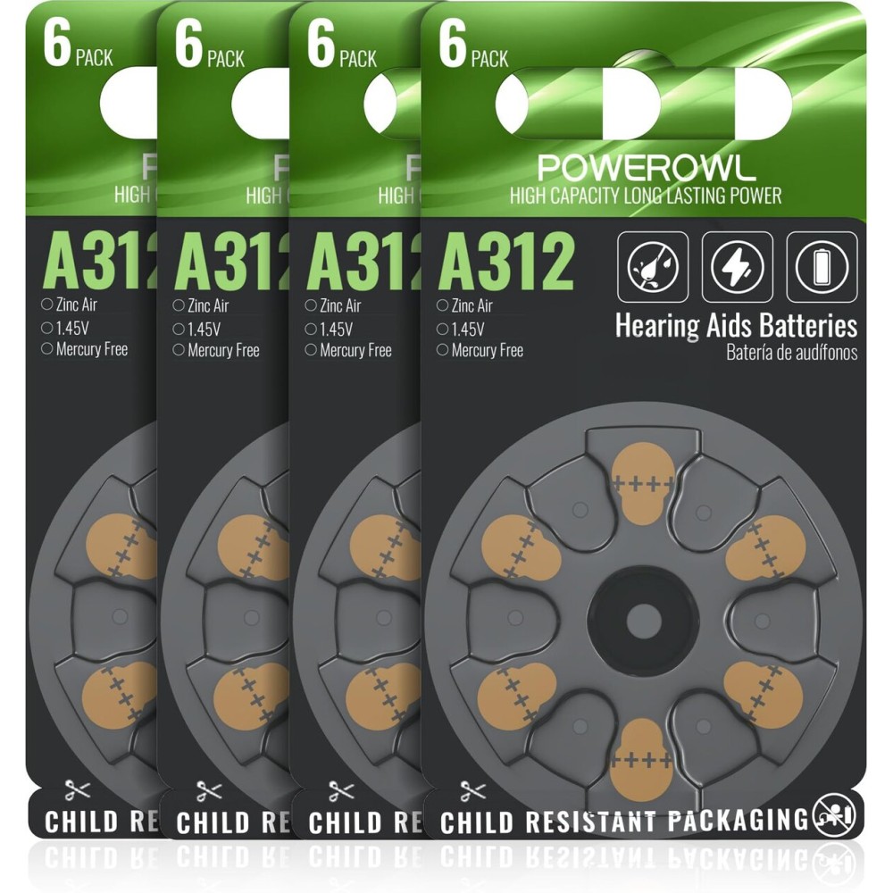 POWEROWL 24 Count Hearing Aid Batteries Size 312, High Capacity Cell, Long Lasting 312A battery