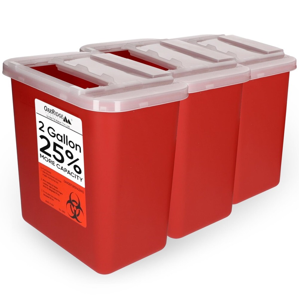 Oakridge Products Large Sharps Container for Home Use and Professional 2 Gallon (3-Pack) with Rotating lid, Biohazard Needle and Syringe Disposal, CDC Certified