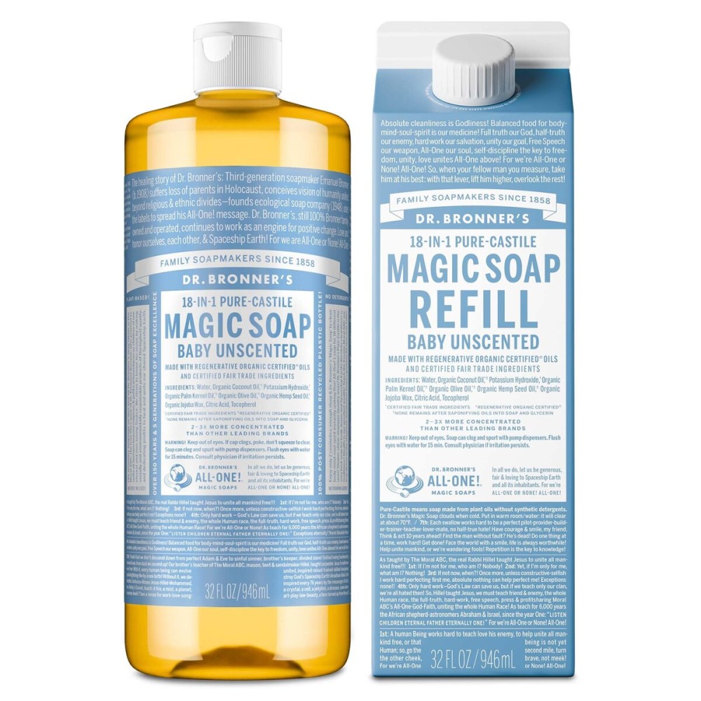 Dr. Bronner\'s Pure-Castile Liquid Magic Soap Bottle & Refill Carton - Made with Regenerative Organic Certified Oils- 18-in-1 Uses for Face, Body Wash, Hand Soap Refill- Baby Unscented, 32 oz