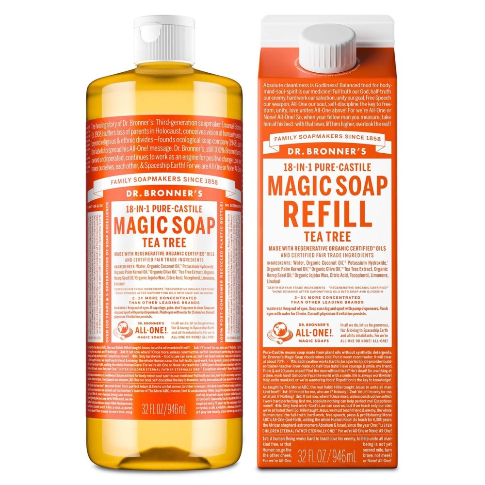 Dr. Bronner\'s Pure-Castile Magic Soap Liquid- Made with Regenerative Organic Certified Oils- For Body, Face, Hair, Dishes, Laundry, Vegan Bath Soaps for Men & Women, Non-GMO- Tea Tree, 32oz + Refill