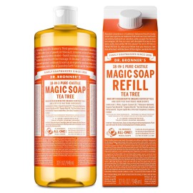 Dr. Bronner\'s Pure-Castile Magic Soap Liquid- Made with Regenerative Organic Certified Oils- For Body, Face, Hair, Dishes, Laundry, Vegan Bath Soaps for Men & Women, Non-GMO- Tea Tree, 32oz + Refill