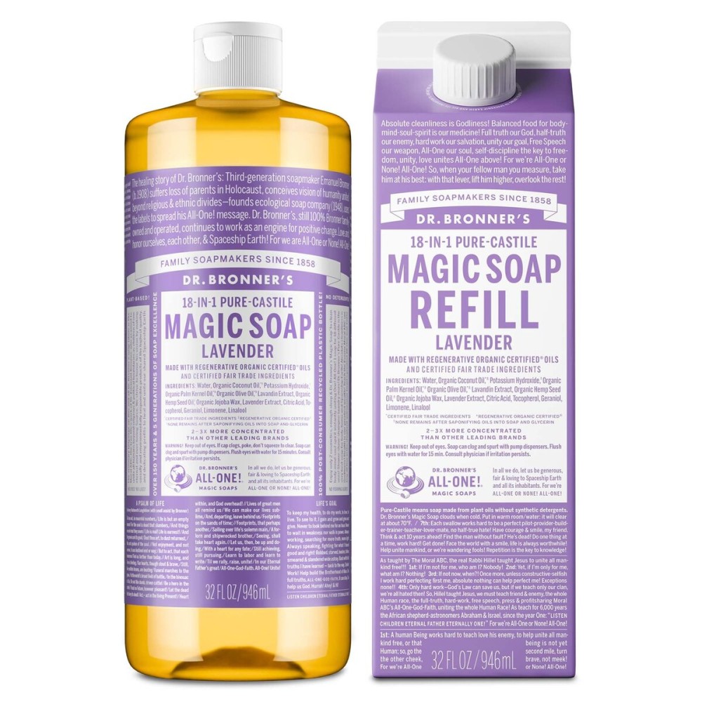 Dr. Bronner\'s Pure-Castile Liquid Magic Soap Bottle & Refill Carton - Made with Regenerative Organic Certified Oils, 86% Less Plastic per Quart - For Face, Body Wash, Hand Soap Refill- Lavender, 32oz