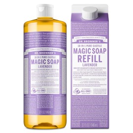 Dr. Bronner\'s Pure-Castile Liquid Magic Soap Bottle & Refill Carton - Made with Regenerative Organic Certified Oils, 86% Less Plastic per Quart - For Face, Body Wash, Hand Soap Refill- Lavender, 32oz