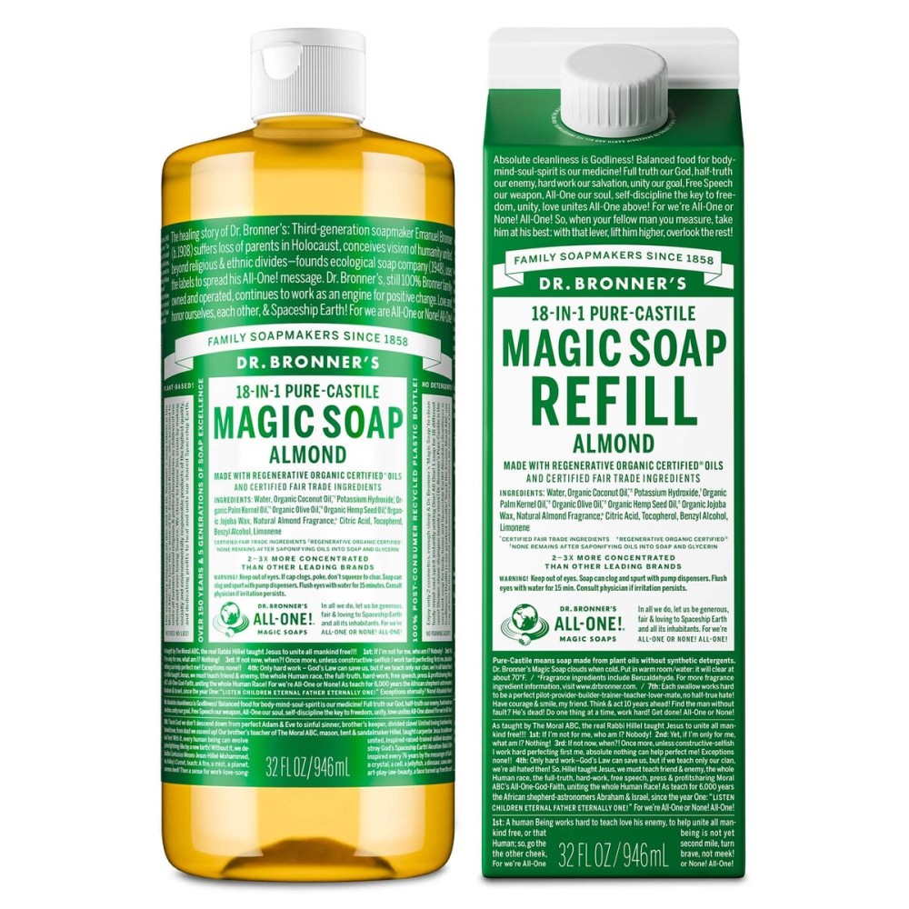 Dr. Bronner\'s Pure-Castile Magic Soap Liquid- Made with Regenerative Organic Certified Oils- For Body, Face, Hair, Dishes, Laundry, Vegan Bath Soaps for Men & Women, Non-GMO- Almond, 32oz + Refill