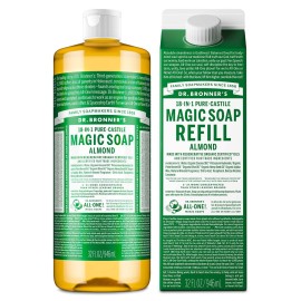 Dr. Bronner\'s Pure-Castile Magic Soap Liquid- Made with Regenerative Organic Certified Oils- For Body, Face, Hair, Dishes, Laundry, Vegan Bath Soaps for Men & Women, Non-GMO- Almond, 32oz + Refill