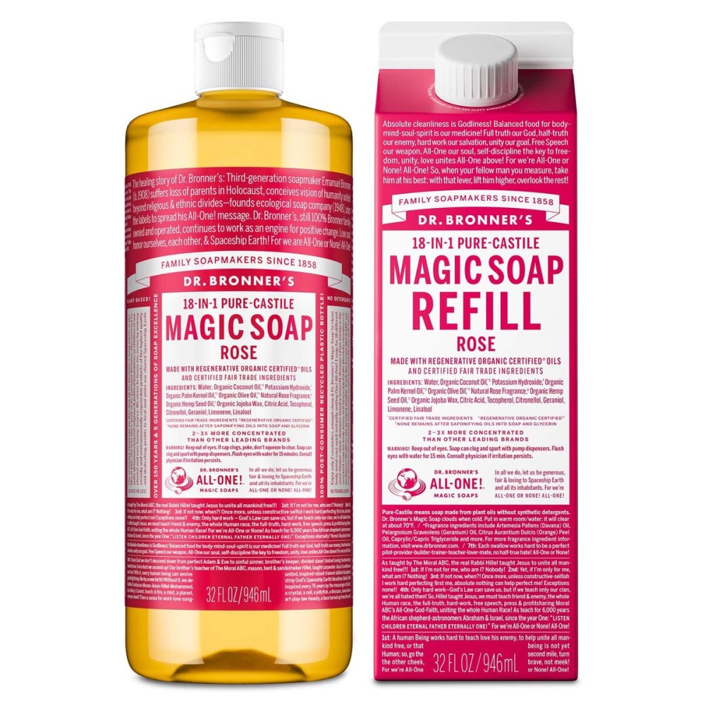 Dr. Bronner\'s Pure-Castile Magic Soap Liquid- Made with Regenerative Organic Certified Oils- For Body, Face, Hair, Dishes, Laundry, Vegan Bath Soaps for Men & Women, Non-GMO - Rose, 32oz + Refill